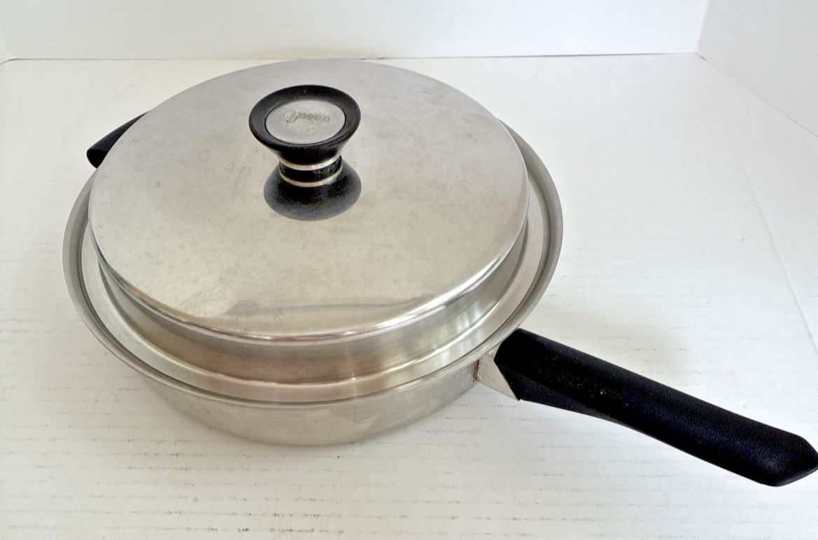 5 PC Amway QUEEN 18 8 SS Multi Ply 6qt Stock Pot Dome 11″ Fry Pan Lid Egg Insert