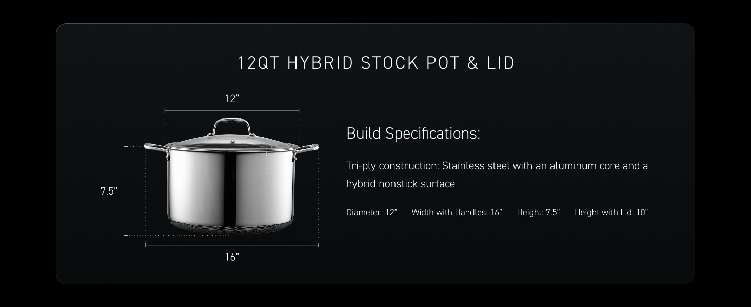 12 Quart Hybrid Nonstick Stock Pot with Lid, Dishwasher Safe, Induction Ready,
