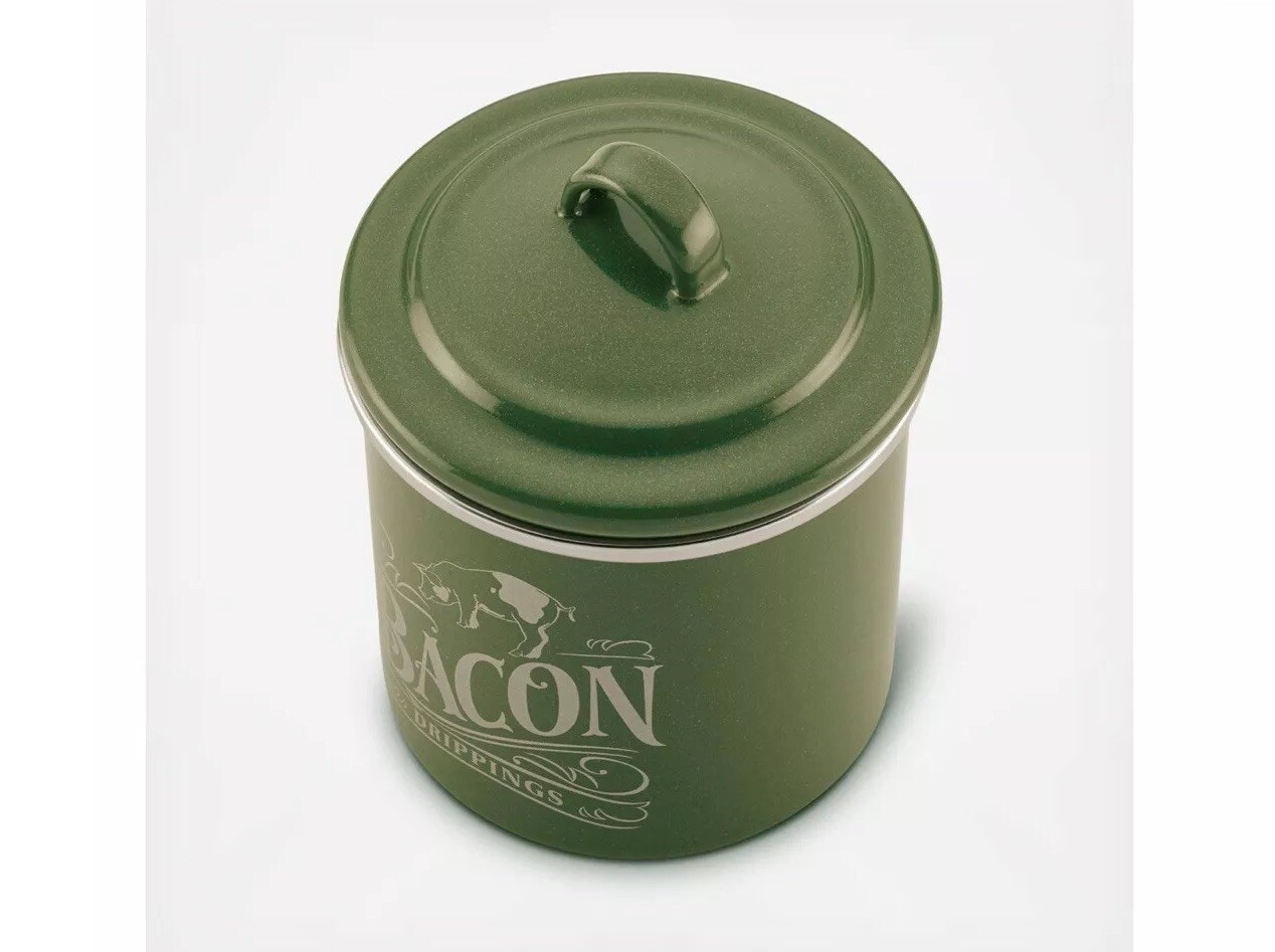 New BACON GREASE CAN Basil GREEN Enamel On Steel Storage Container Ayesha Curry