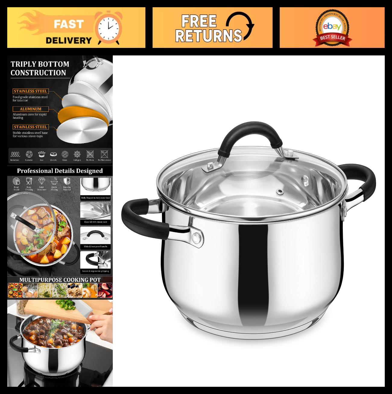 4 Quart Stainless Steel Stockpot with Lid – Induction Gas Safe, Dual Handles, Di