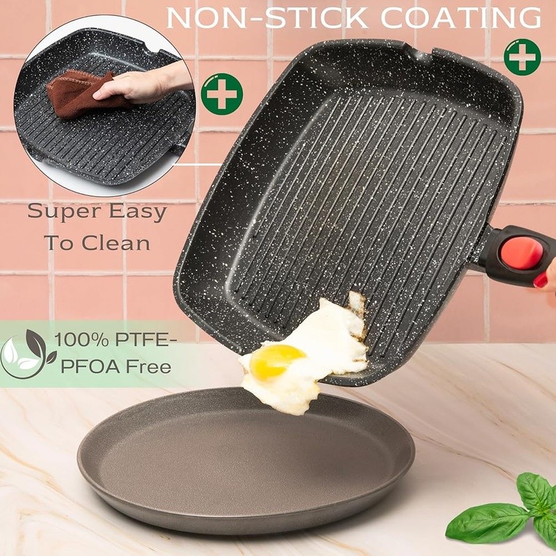Nonstick Grill Pan W/ Detachable Handle Indoor BBQ Cooking on All Stovetops New