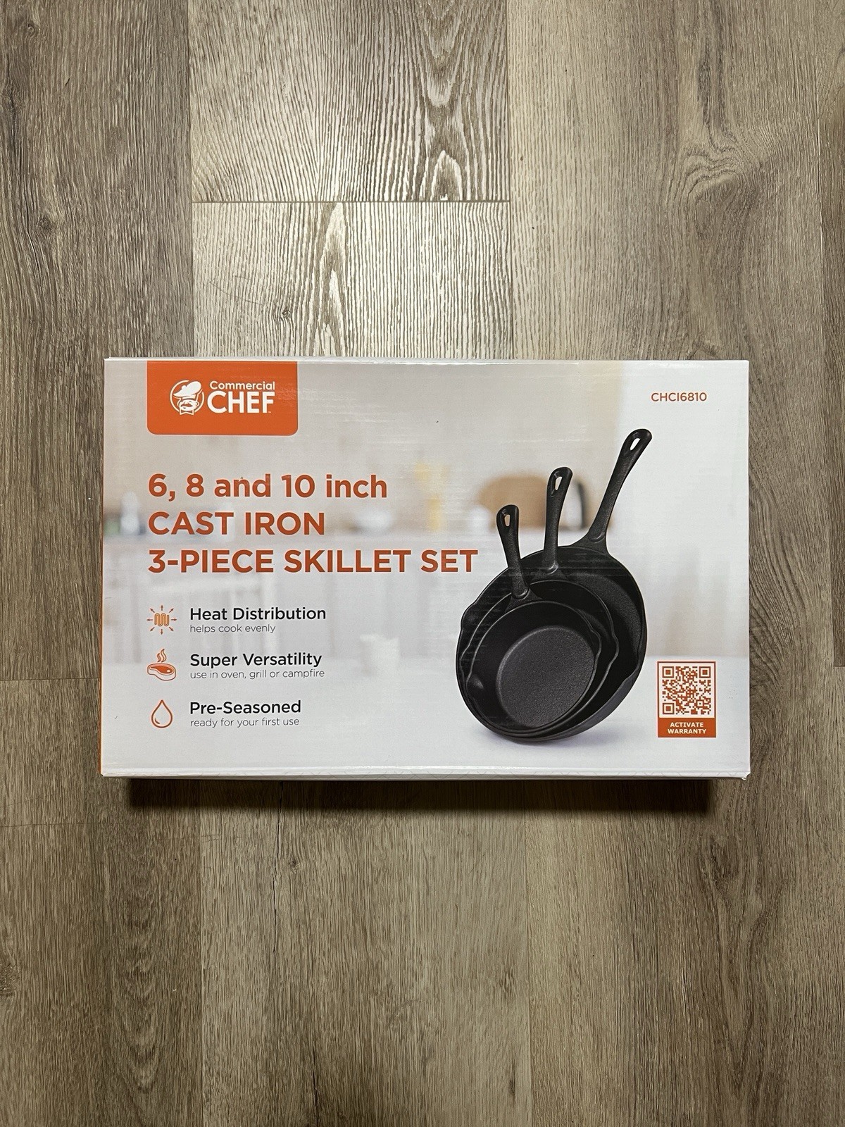 Commercial Chef Cast Iron Set Of 3 Dual Pour Pans 6-8-10 Inch Pre Seasoned New