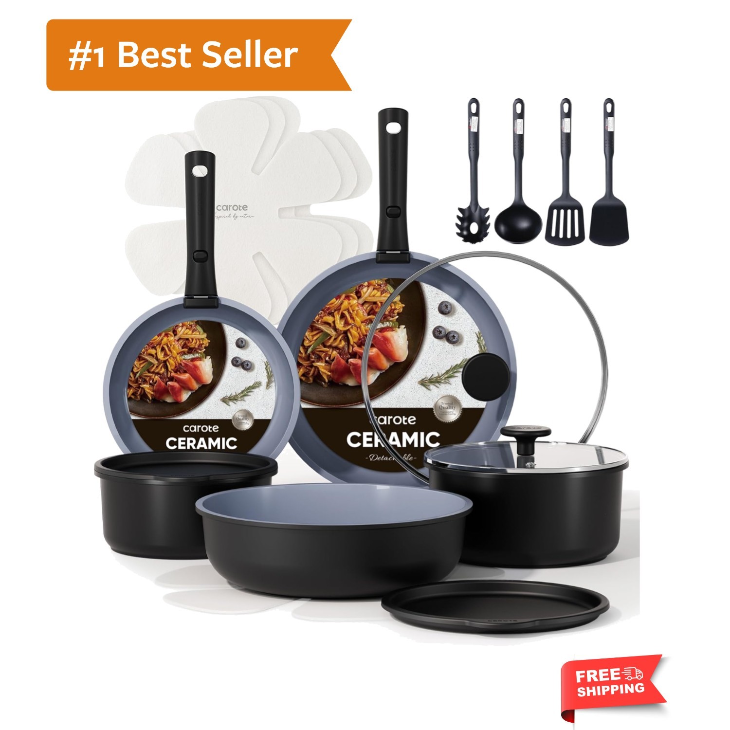 19PCS Ceramic Cookware Sets, Black and Gray, Pots and Pans Set Non Stick Non …