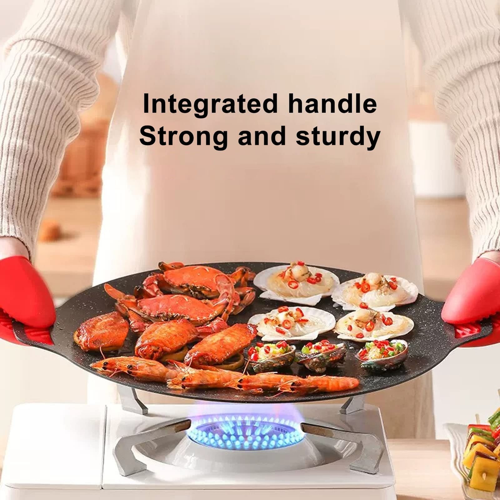 Korean Grill Pan 14.17 Inch Nonstick Round Griddle BBQ Plate with Handle