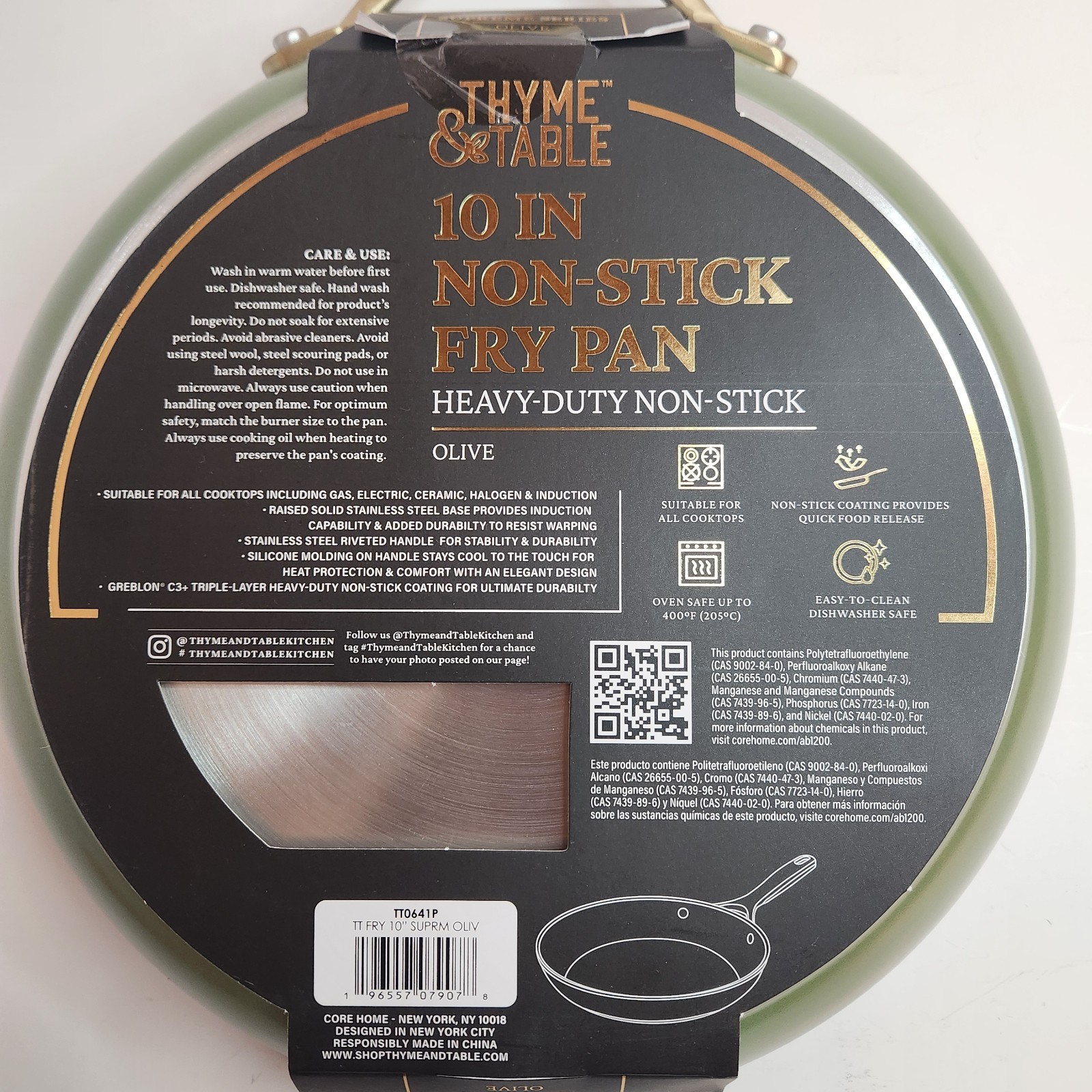 Thyme & Table 10 In Non-Stick Fry Pan Olive Heavy Duty Oven Safe New In Package
