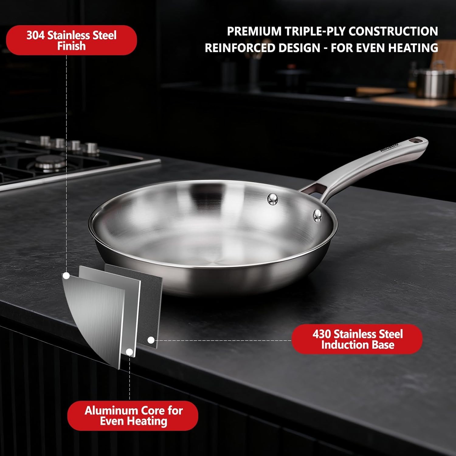 ROVSUN 8-10-12 Inch Stainless Steel Cookware Set, 3 Pcs Tri-Ply Skillets Set, Fu