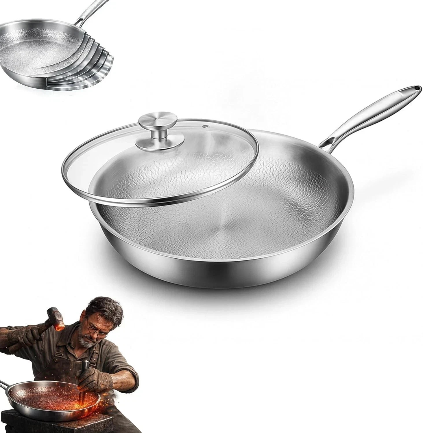 Pure Titanium Hammered Frying Pan with Lid, 12 Inch Skillet, No Coating Cookw…