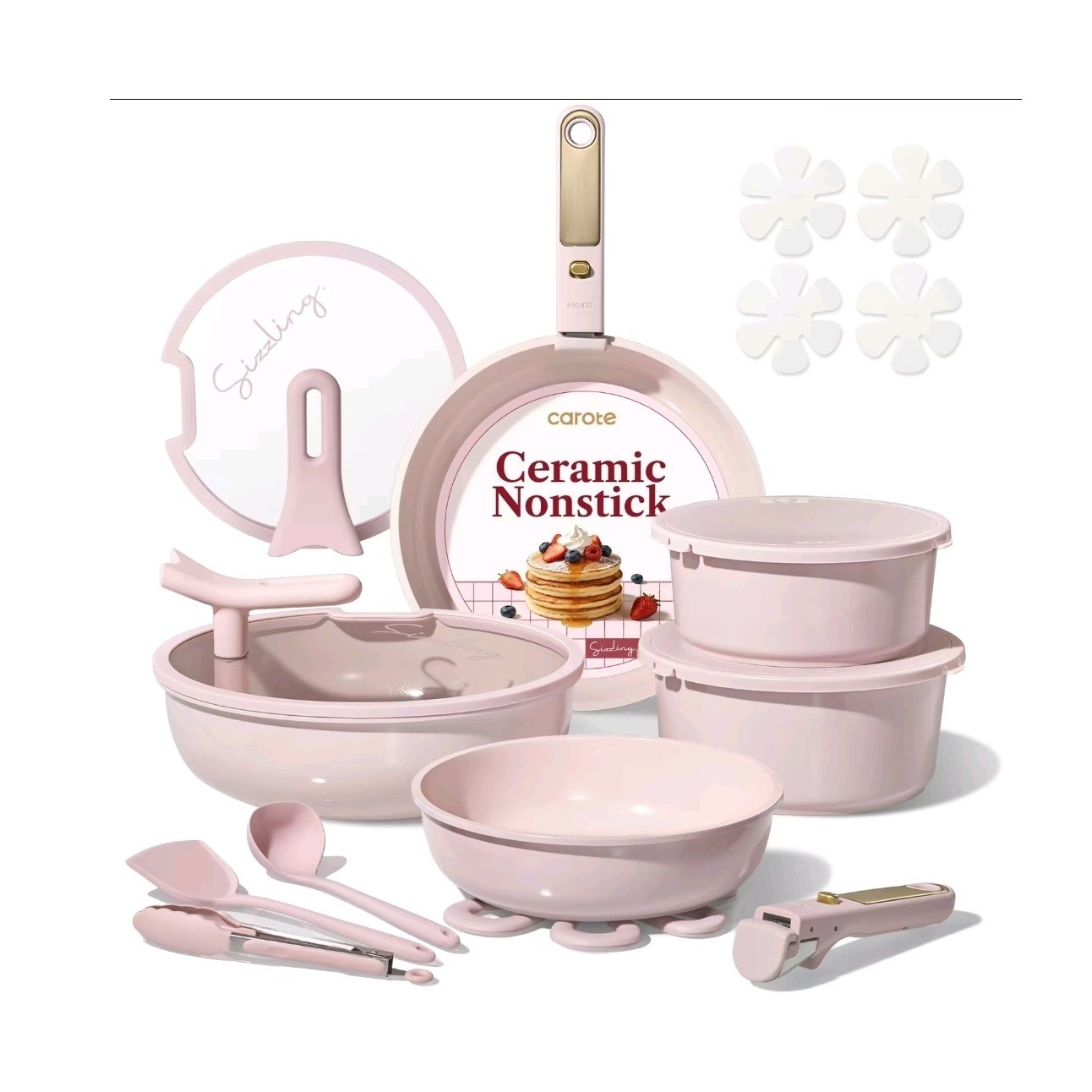 Carote 20-Piece Pink Ceramic Nonstick Cookware Set Saute Frying Saucepan
