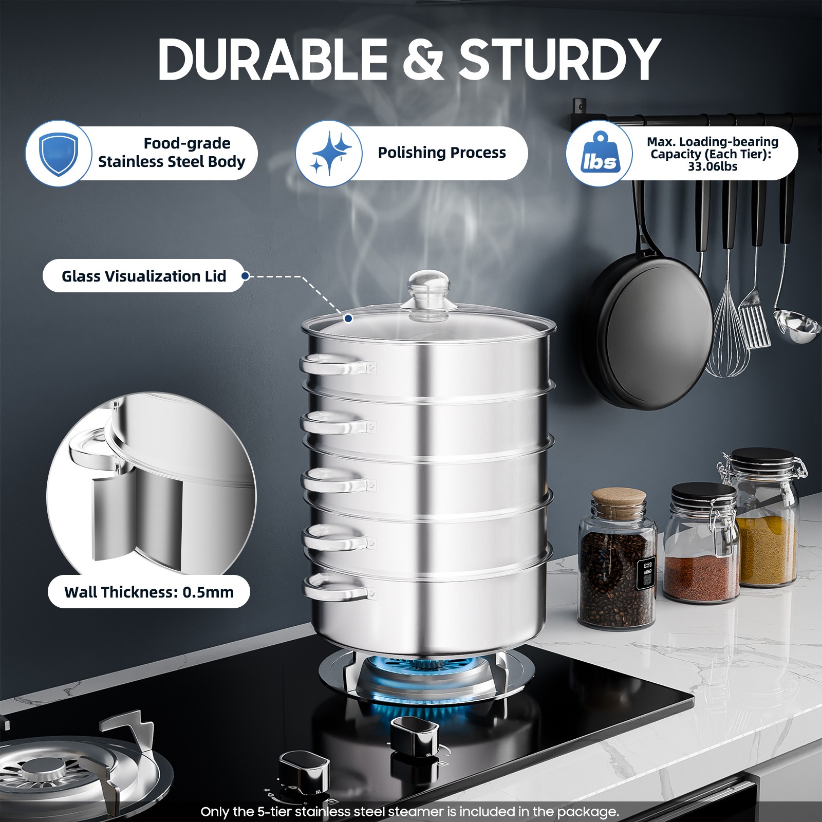 5 Tier 28cm Stainless Steel Steamer Set Dumpling Manty Steamer Pot Glass Lid