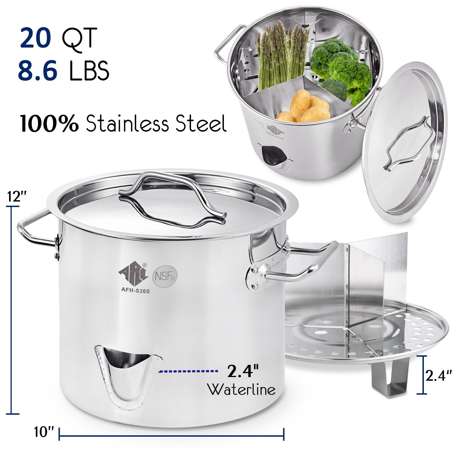 24QT Steamer Pot Stainless Steel with Spout & Divider for Tamales, Seafood Crab