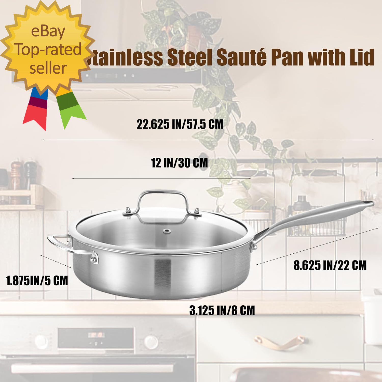 6 QT Tri-Ply Stainless Steel Sauté Pan with Lid Deep Frying Pan Large Skillet
