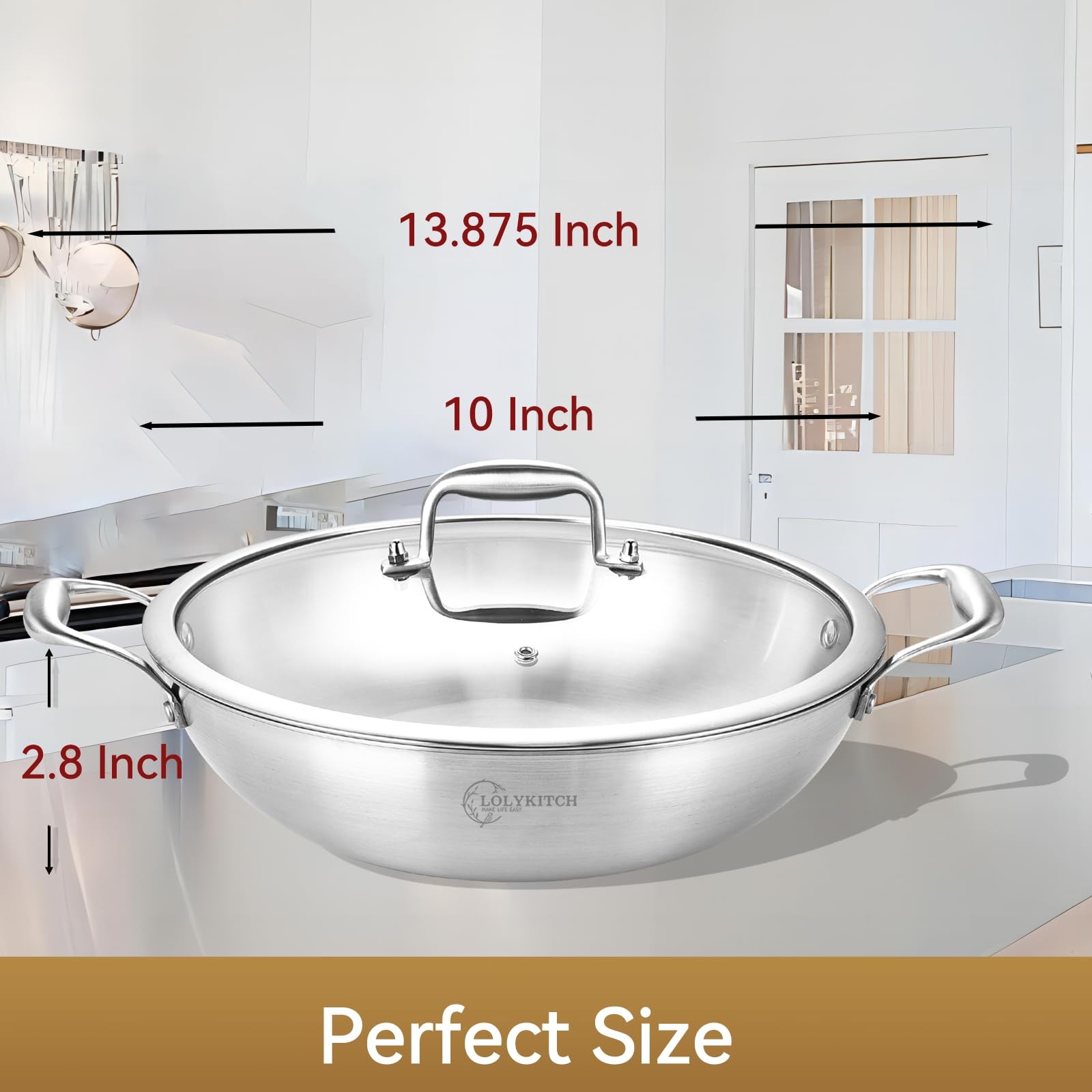 10 Inch Tri-Ply Stainless Steel Wok Pan with Lid,2.5 QT Induction Cooking Pot…