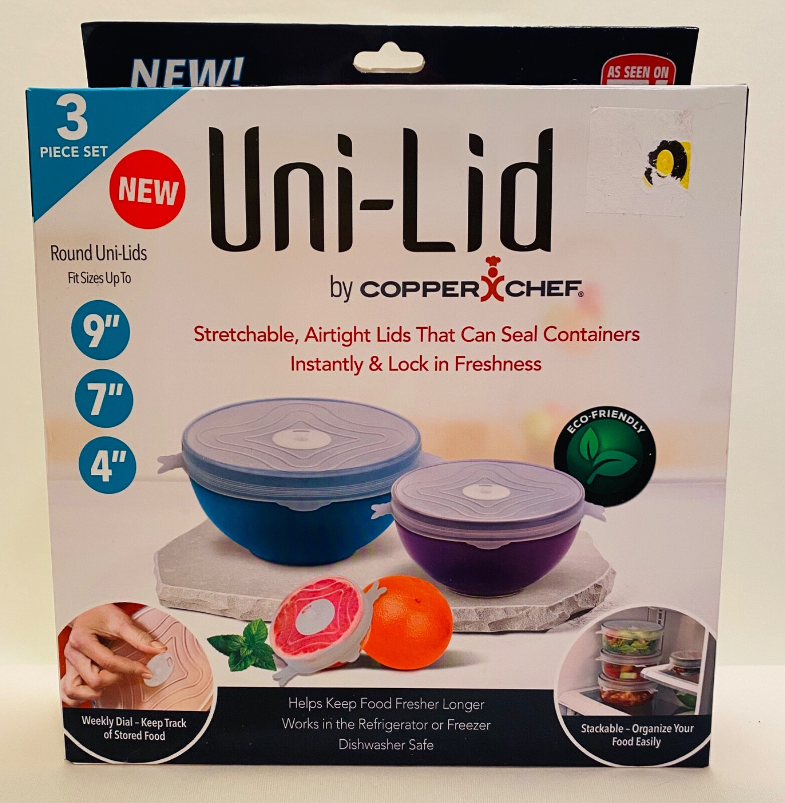 COPPER CHEF UNILID 3 ROUND STRETCHABLE AIRTIGHT LIDS to fit 3 SIZES 4”, 7” & 9”