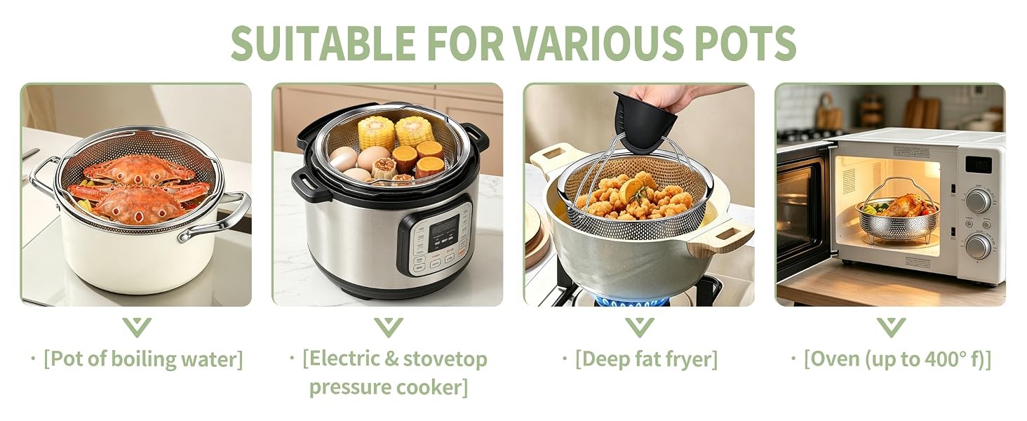 Stainless Steel Steamer Basket with Handle and Glove Diameter 8.66″, Steamer