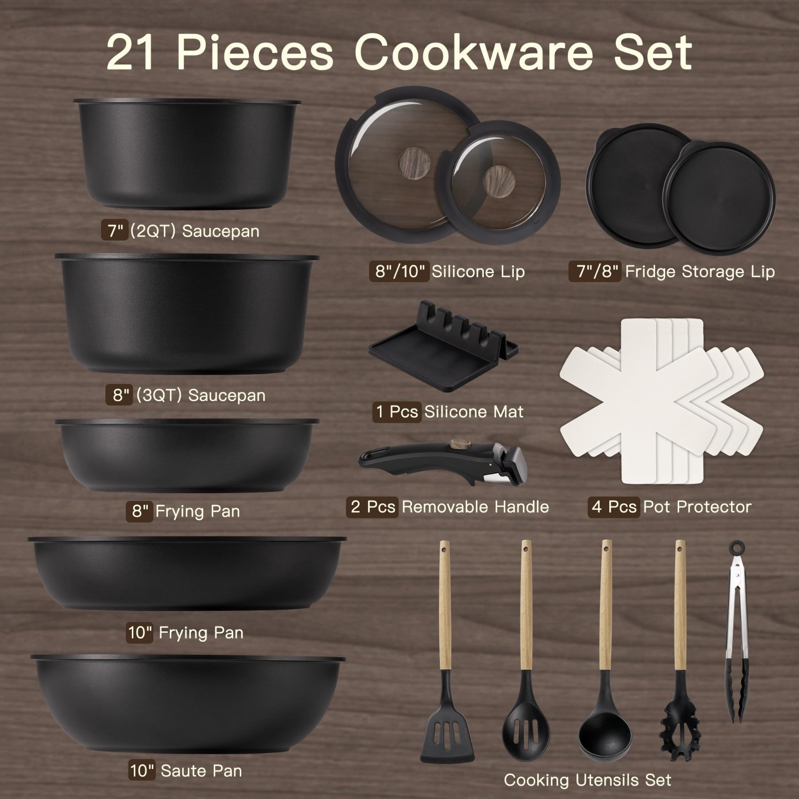 21-Piece Non-Stick Ceramic Cookware Set, Detachable Handle, Oven Safe, Induction
