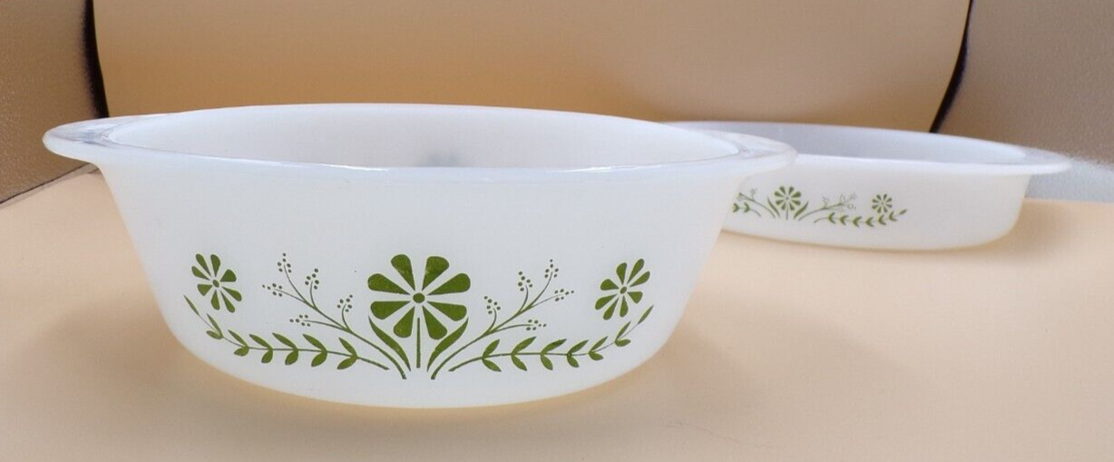 Vtg Glasbake 8.5″ Green Daisy Casserole Dish NO Lid 2 Qt USA J514 Ovenware + one