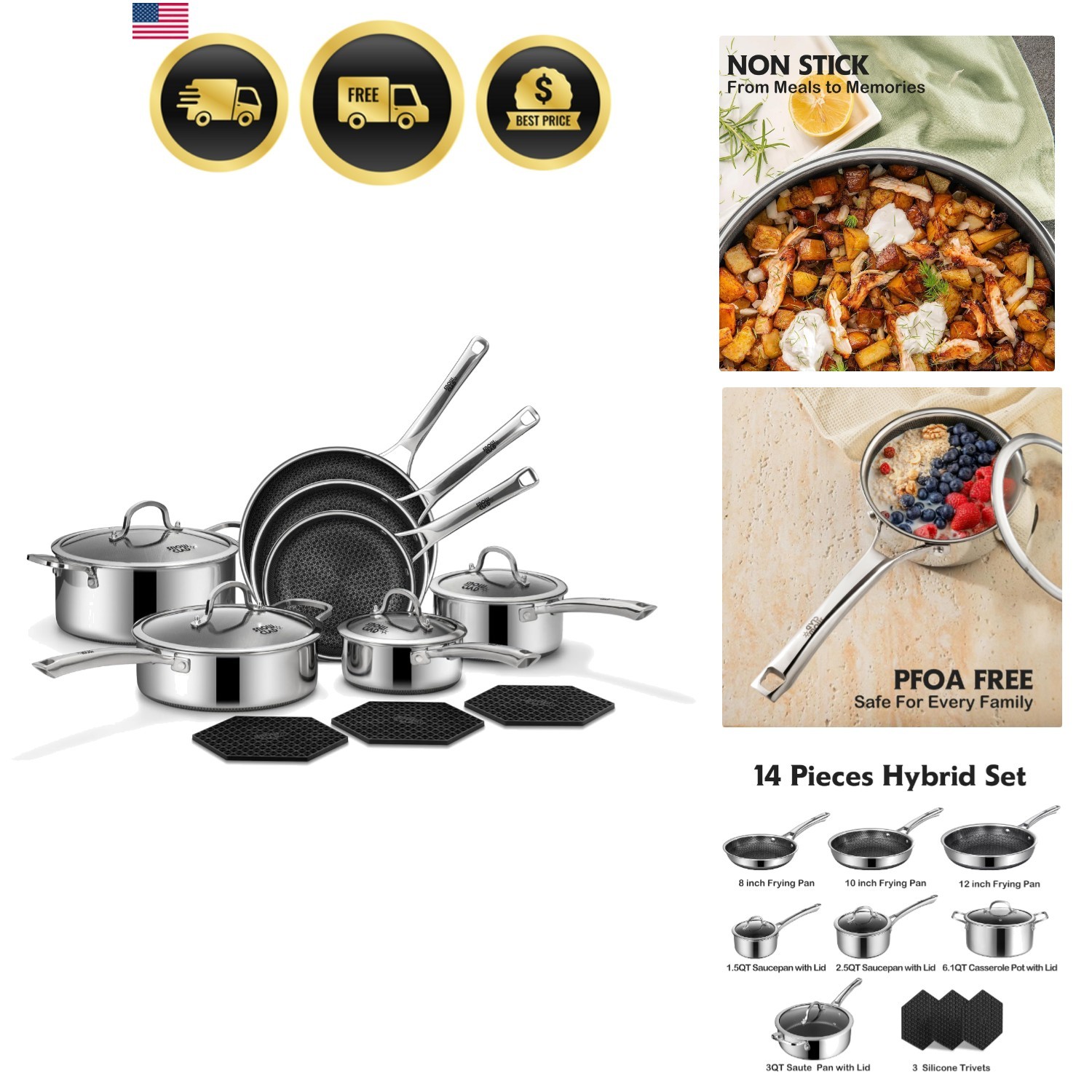 Non Stick Pots and Pans Set 14 Pcs Kitchen Cookware Skillet Saucepan Frying Pan