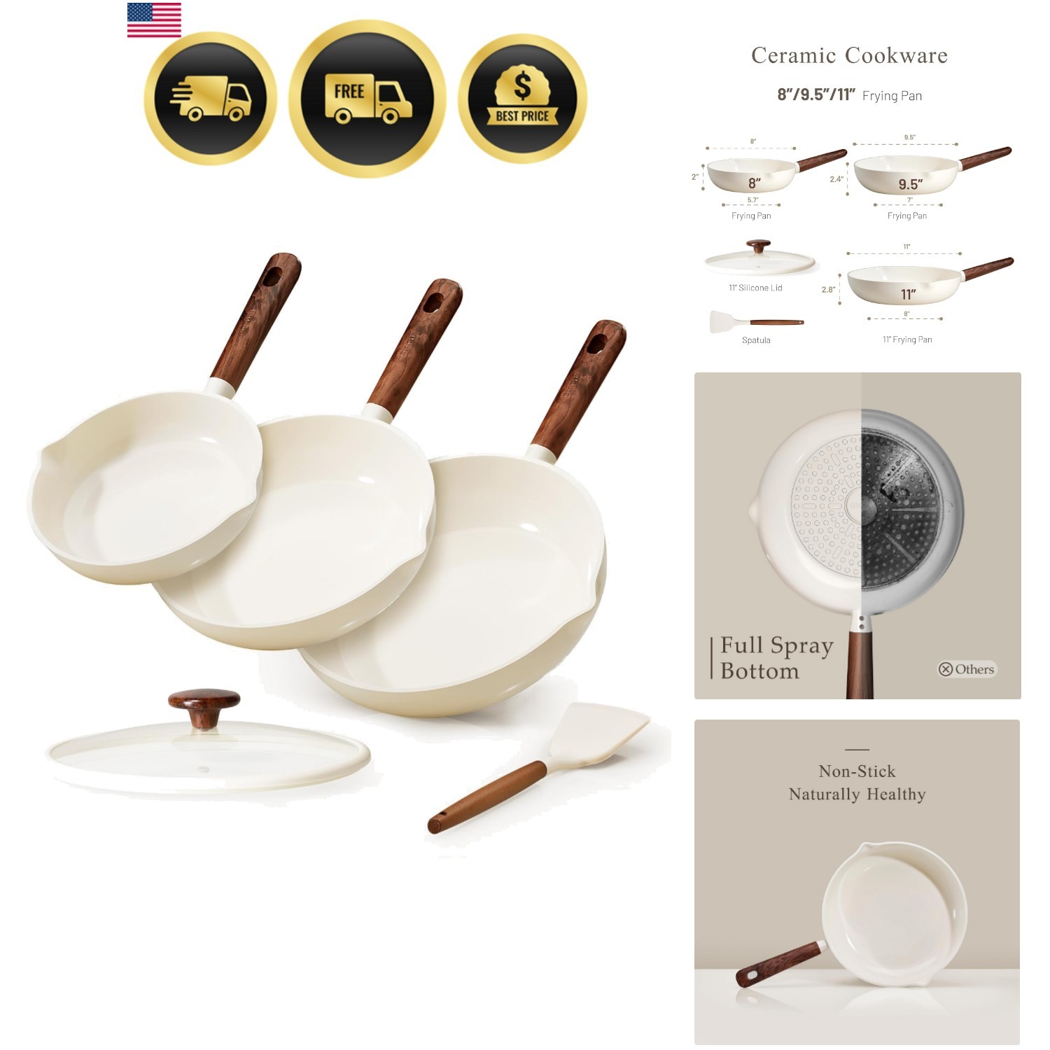 Ceramic Nonstick Frying Pans Set 5PCS Skillets with Lid Spatula Induction Com…
