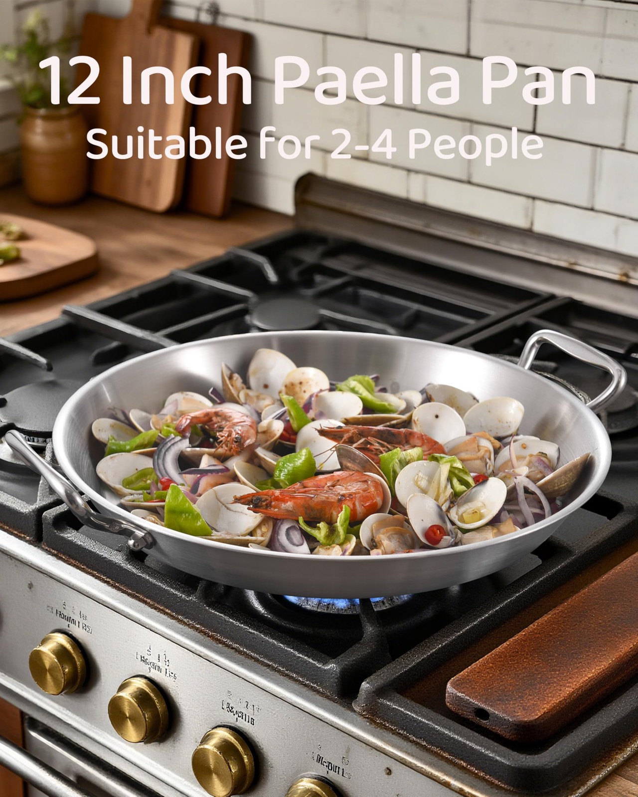 12 Inch Paella Pan, Tri-Ply Stainless Steel Large Spanish Rice 12”, Silver