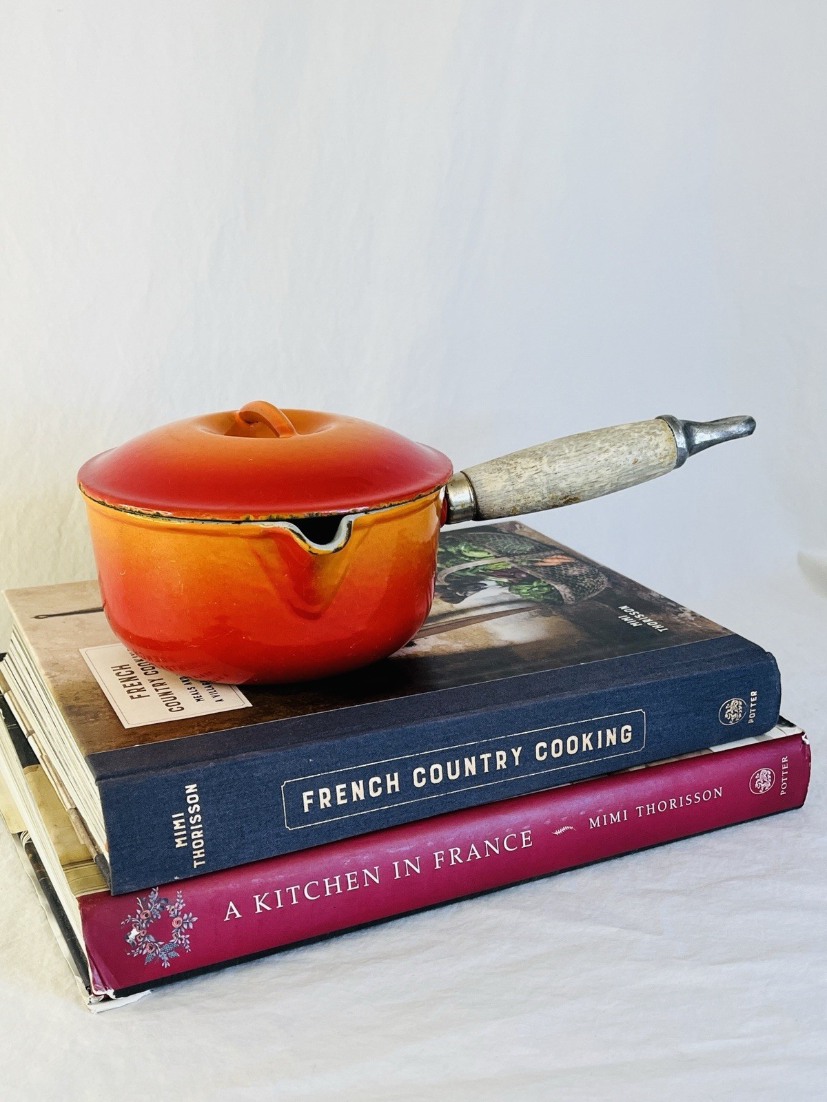 VTG Le Creuset Flame Saucepan Enamel Cast Iron #14 0.75 Quart With Lid and Spout
