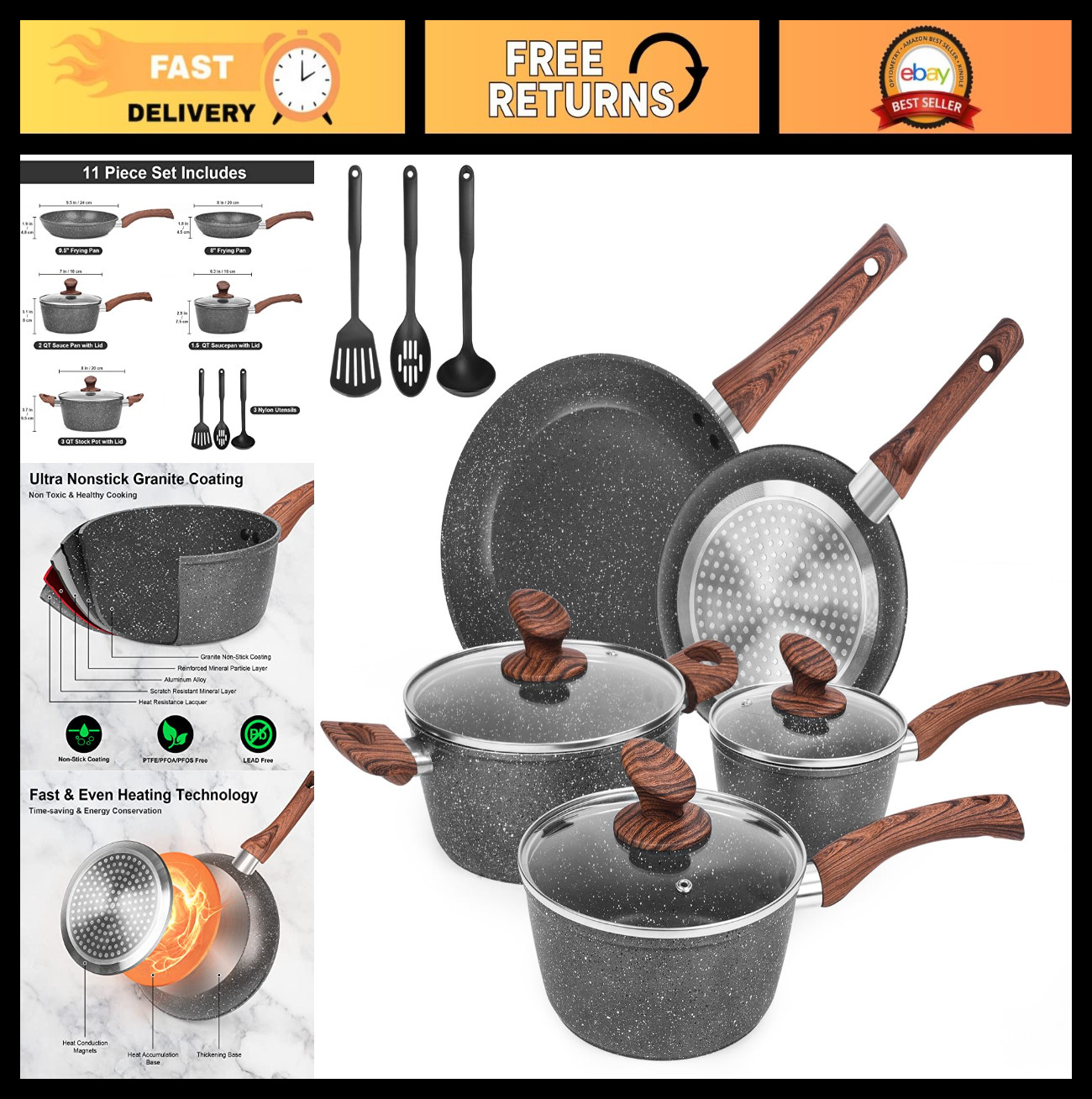 11-Piece Non-Stick Granite Cookware Set, Die-Cast Induction Pots & Pans, PFOA Fr