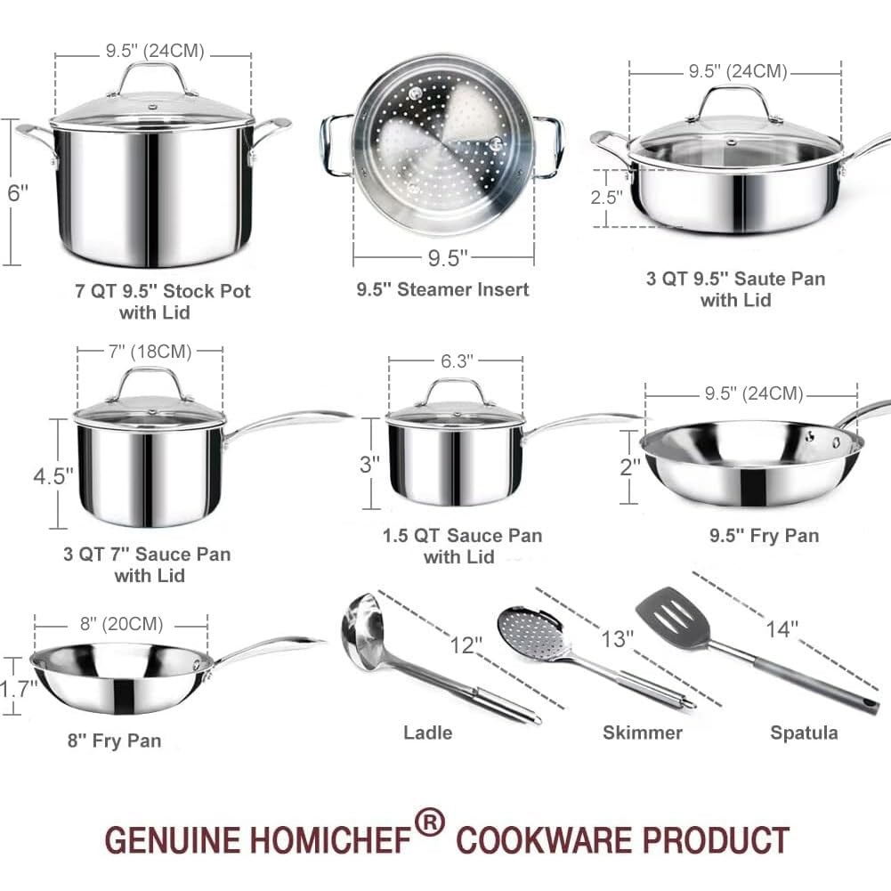 HOMICHEF 14-Piece Nickel Free Stainless Steel Cookware Set Whole-Clad 3-Ply –