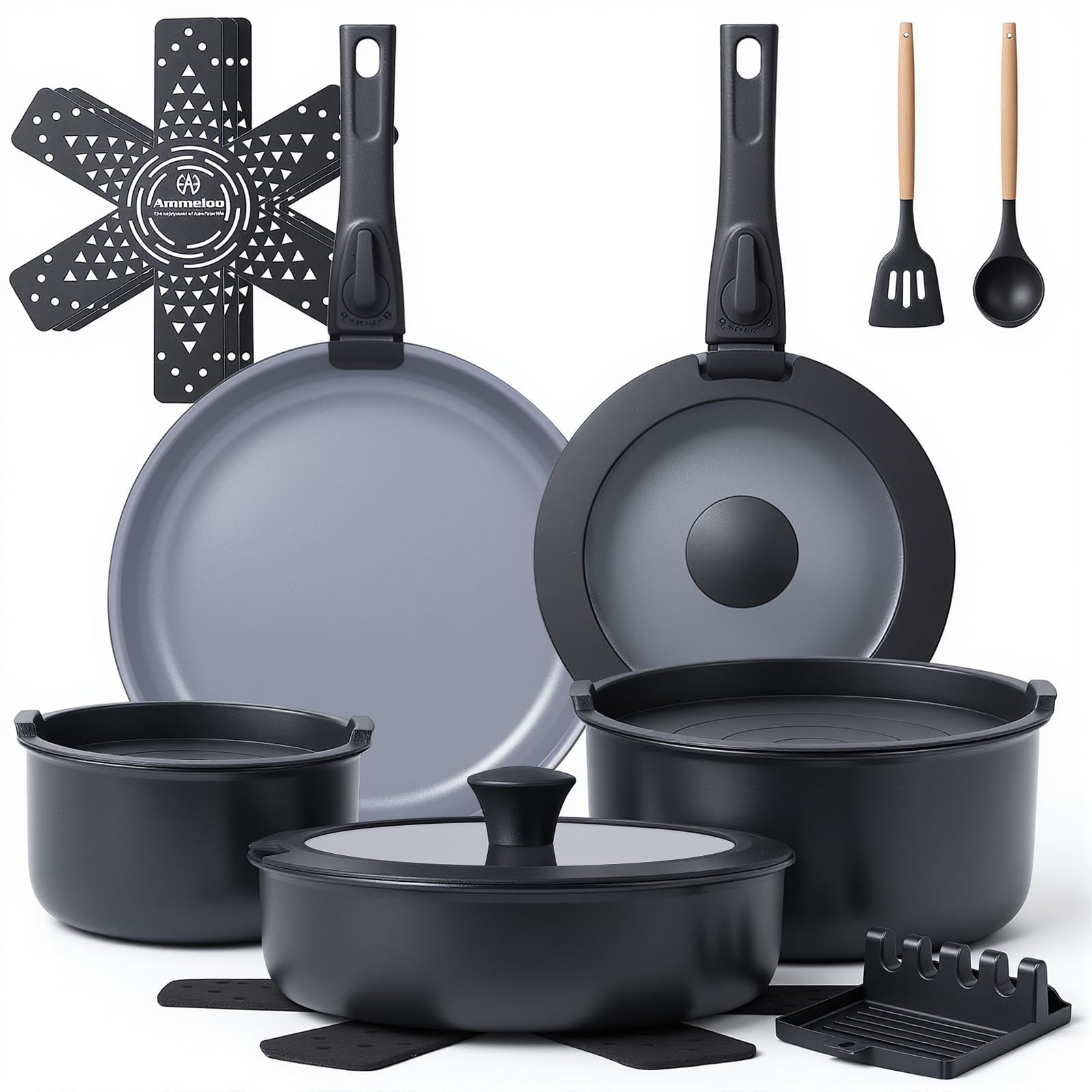 Ammeloo 18 Pcs Pots and Pans Set Non Stick, Induction Ceramic Cookware Set with