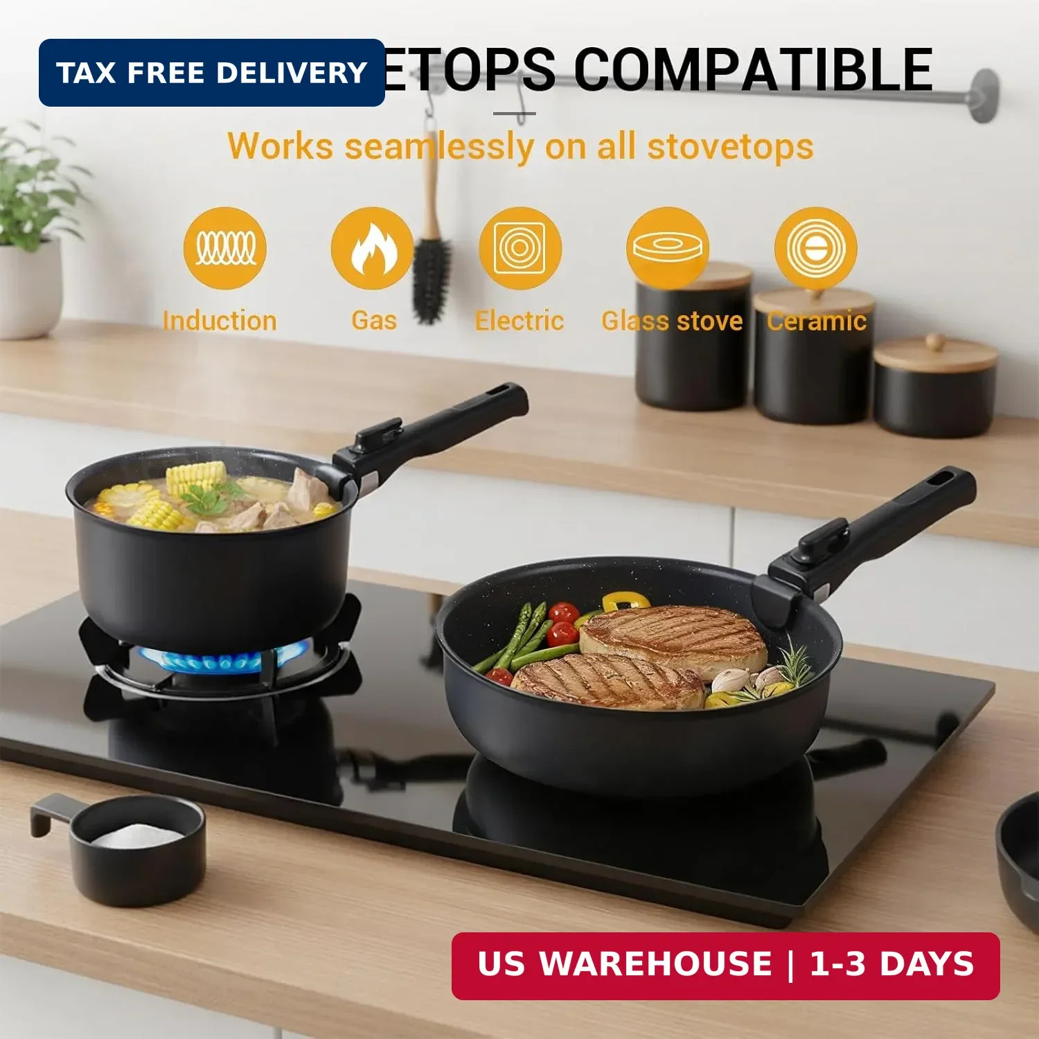 Ammeloo 21-Piece Ceramic Pots and Pans Set Non Stick with Detachable Handles and