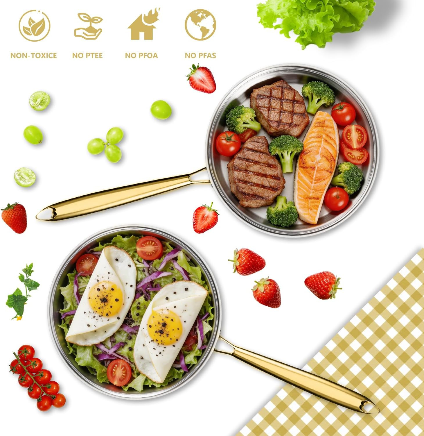 Tri-Ply Stainless Steel Frying Pan, Compatible with All Cooktops Up to 600℉, Lar