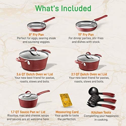Non Stick Kitchen Cookware Set 11 Piece Gray Red Metal Silicone Handle