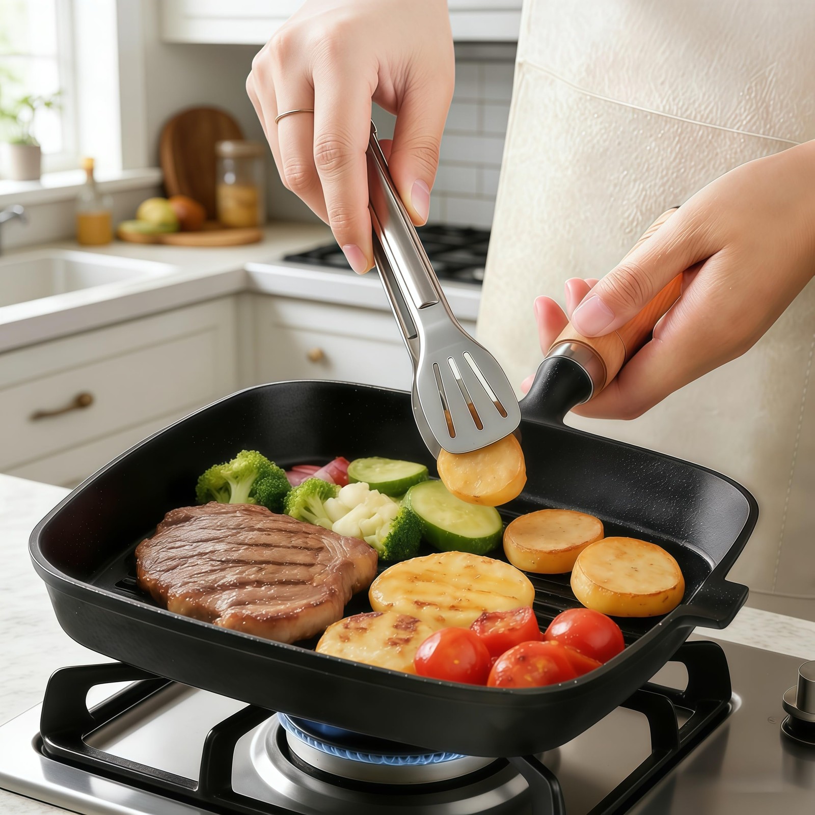 Komost 9 Inch Cast Iron Grill Pan for Stove Top, Square Skillet Griddle Pan w…