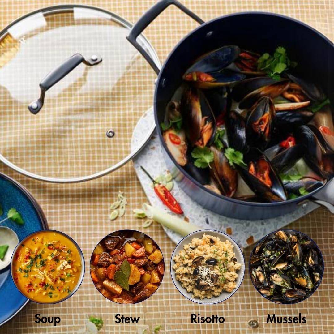 Blu. Cookware 4.5QT Casserole Pot with Lid, Non-Toxic, Non-Stick Ceramic,