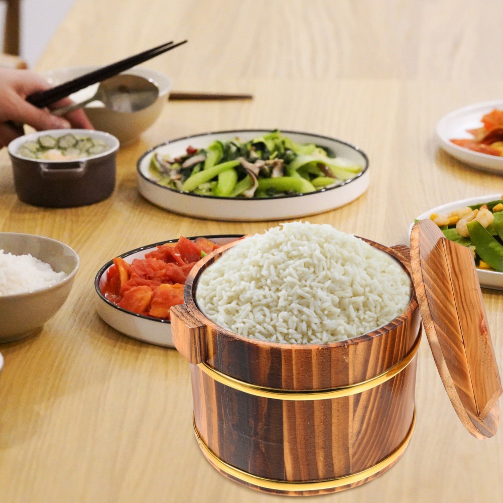 1 Set Wooden Rice Barrel Coffee Color Steaming Bucket for Sushi Serving