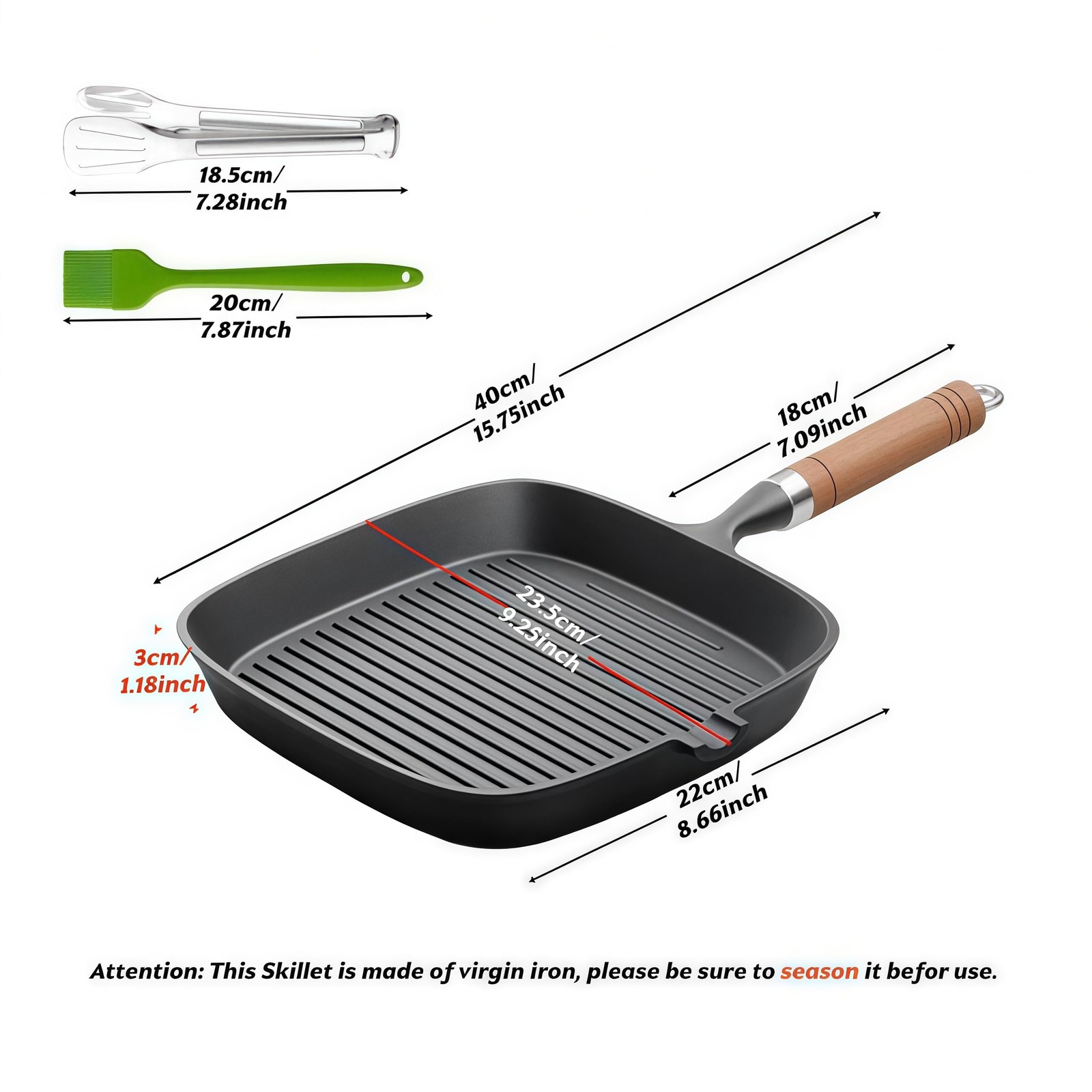 Komost 9 Inch Cast Iron Grill Pan for Stove Top, Square Skillet Griddle Pan w…