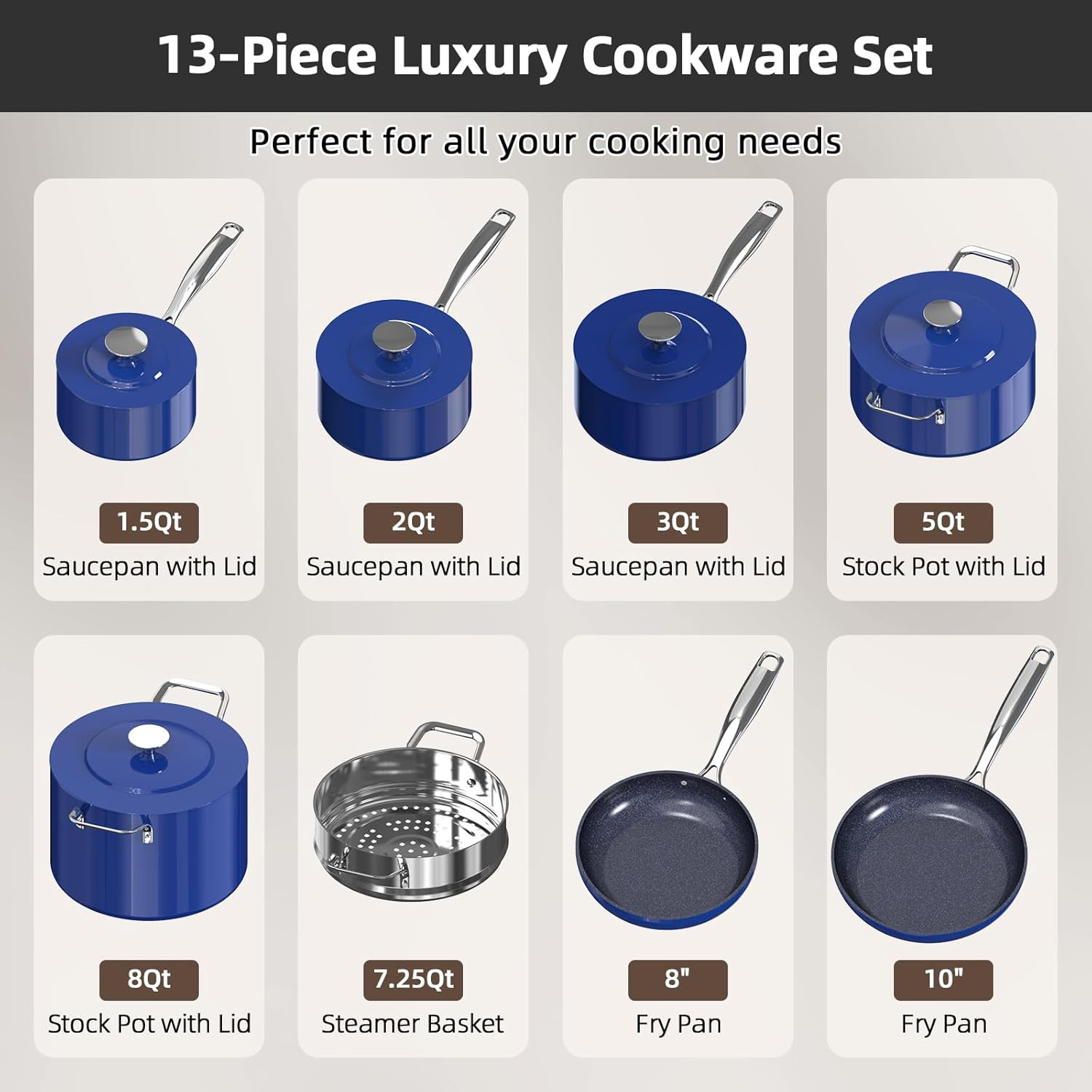 Lux 13Pc Lightweight Non-Stick Cookware Set, PFAS Free, Induction Ready