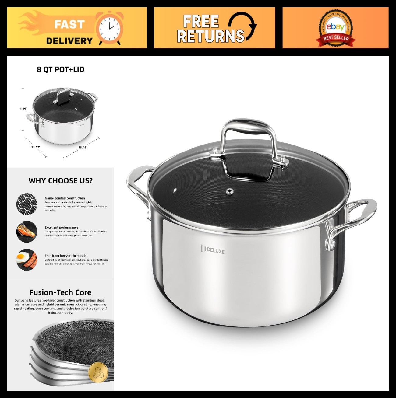 8 Quart Hybrid Ceramic Nonstick Stockpot with Glass Lid, Dishwasher Safe, Induct