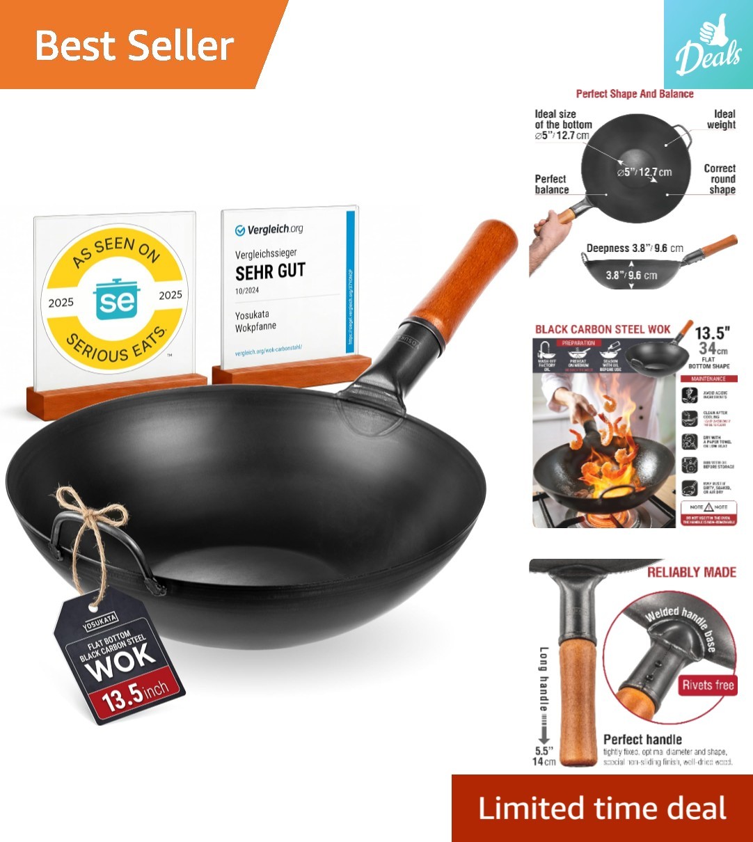 Authentic 13.5” Carbon Steel Wok with Ergonomic Handle – Versatile Cooking