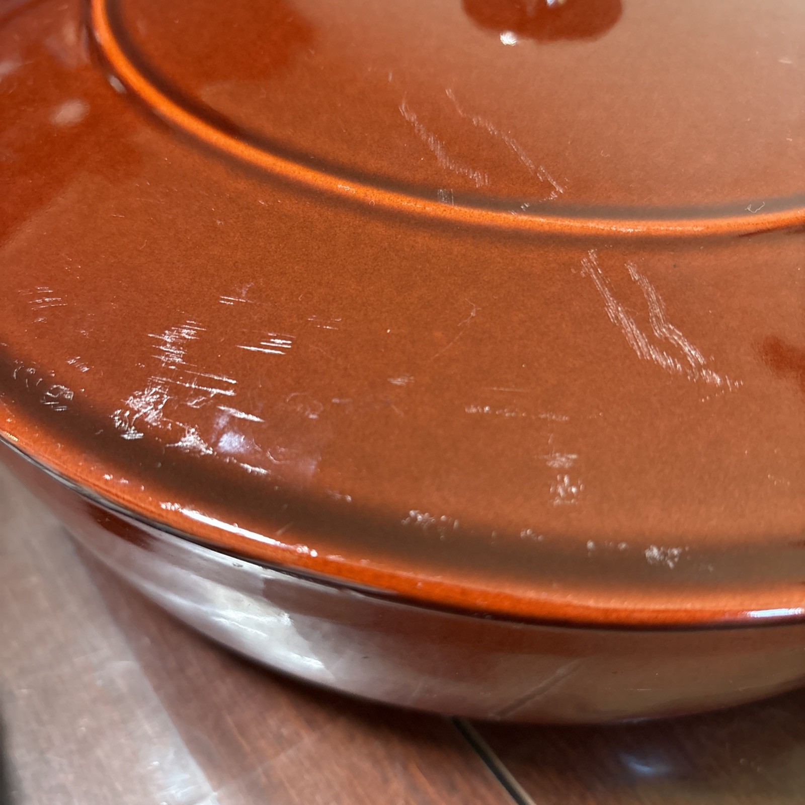 Staub 11”/ 4qt Round Cast Iron Saute Pan with Chistera Lid, Cherry Excellent