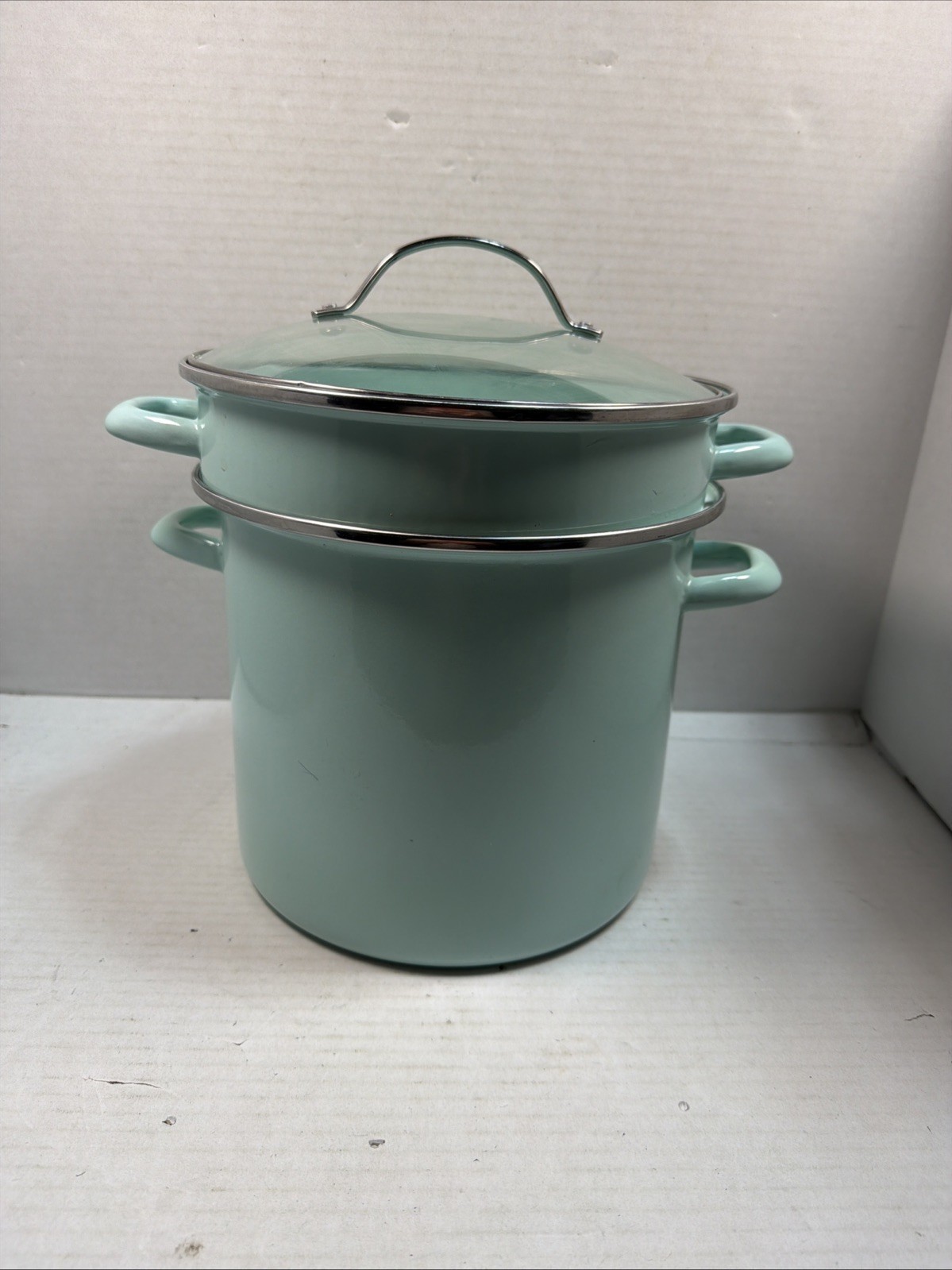 Martha Stewart Blue Enamel Stock Pot With Lid And Steamer Rack 16 Qt