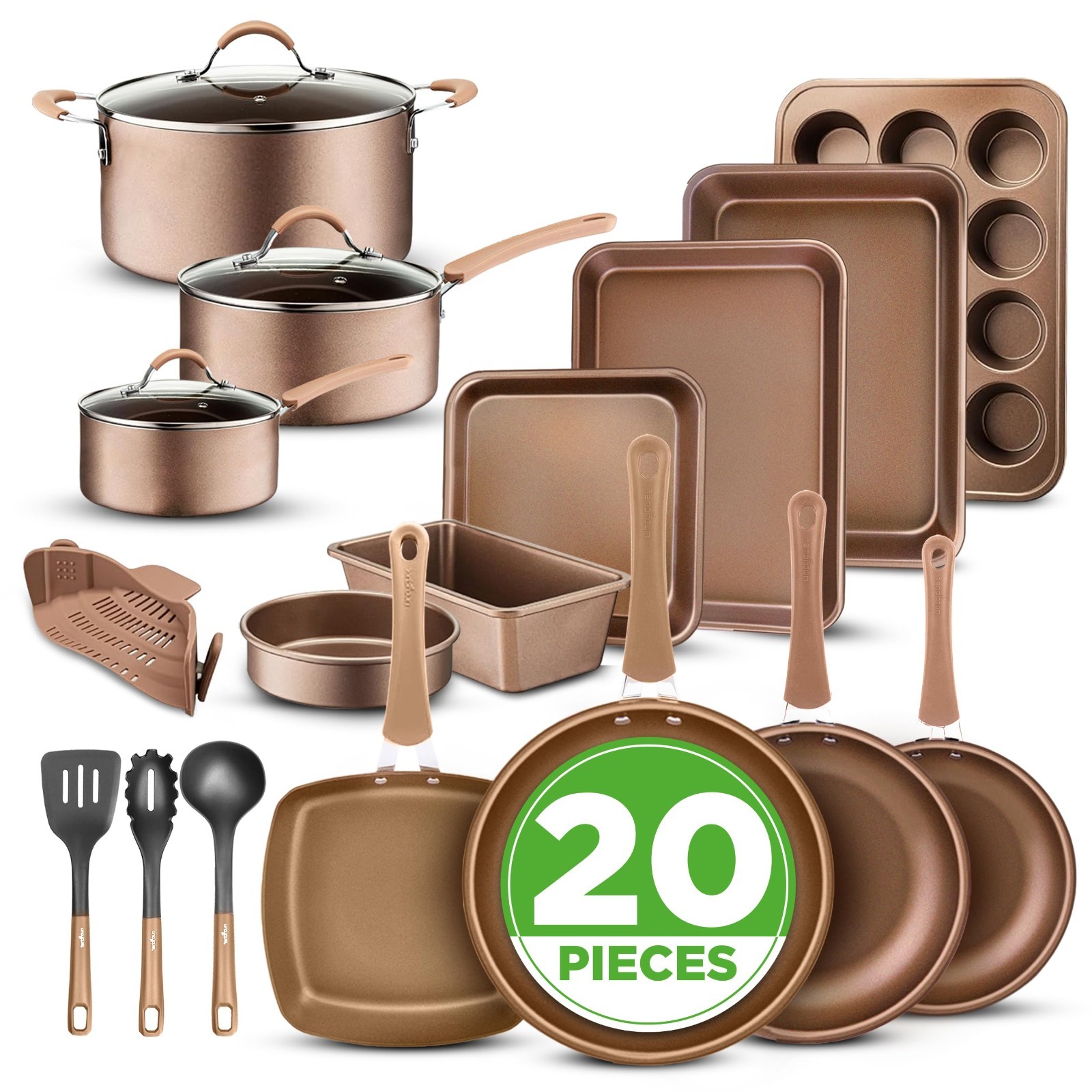 20-Piece Non-Stick Cookware & Bakeware Set – Pots, Pans, Cool-Touch Handles, Saf