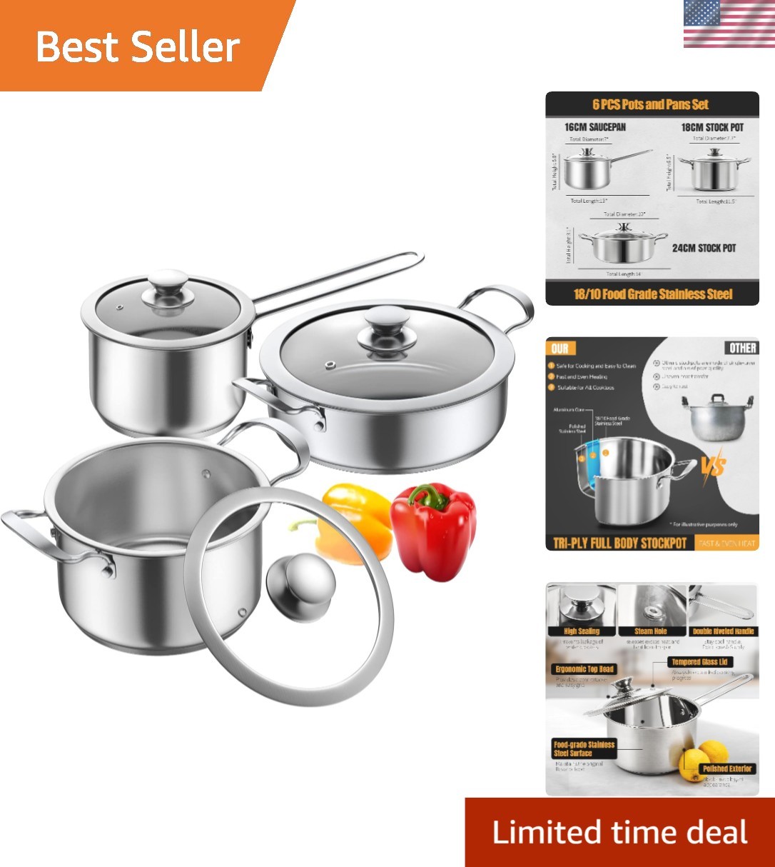 6-Piece Nonstick Pot & Pan Set for Induction, Gas, and Electric Cooking