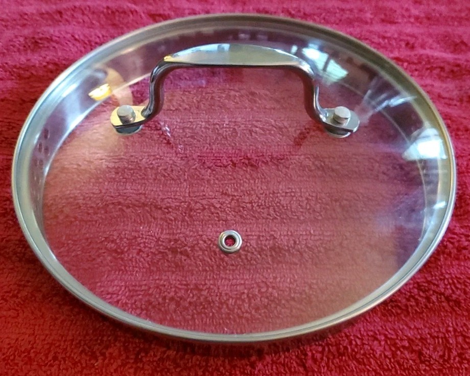 Glass Replacement Lid 7 5/8” Inside Rim Diameter Stainless Handle Strainer Vents