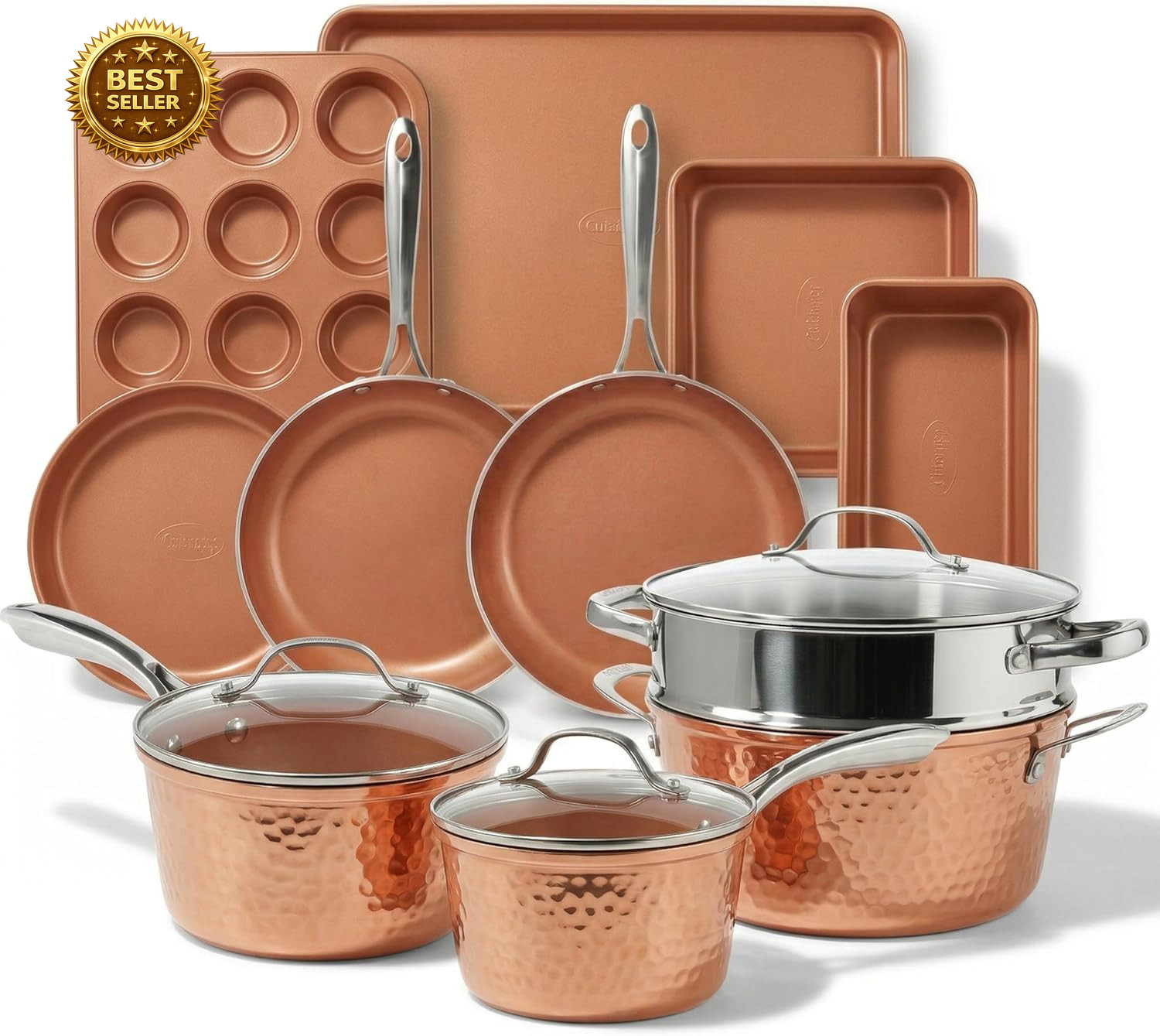 15 Pc Hammered Ceramic Cookware Set Nonstick Induction Pots Pans Copper Bakeware