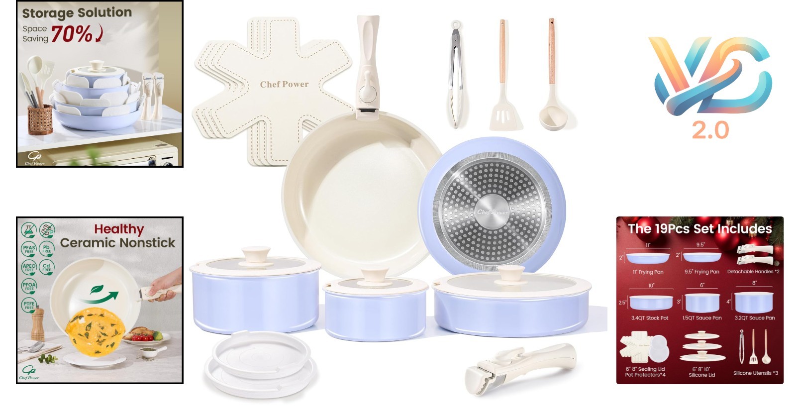 Chef Power 19-Piece Ceramic Nonstick Pots and Pans Set Detachable Handle Oven…