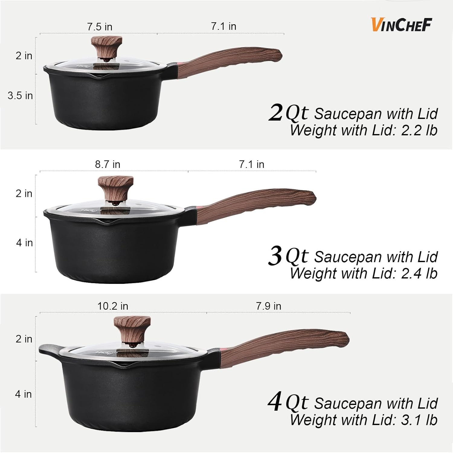 Sauce Pan Set with Lid 10PCS, 2QT+3QT+4QT Non Stick Sauce Pots Cooking Induction