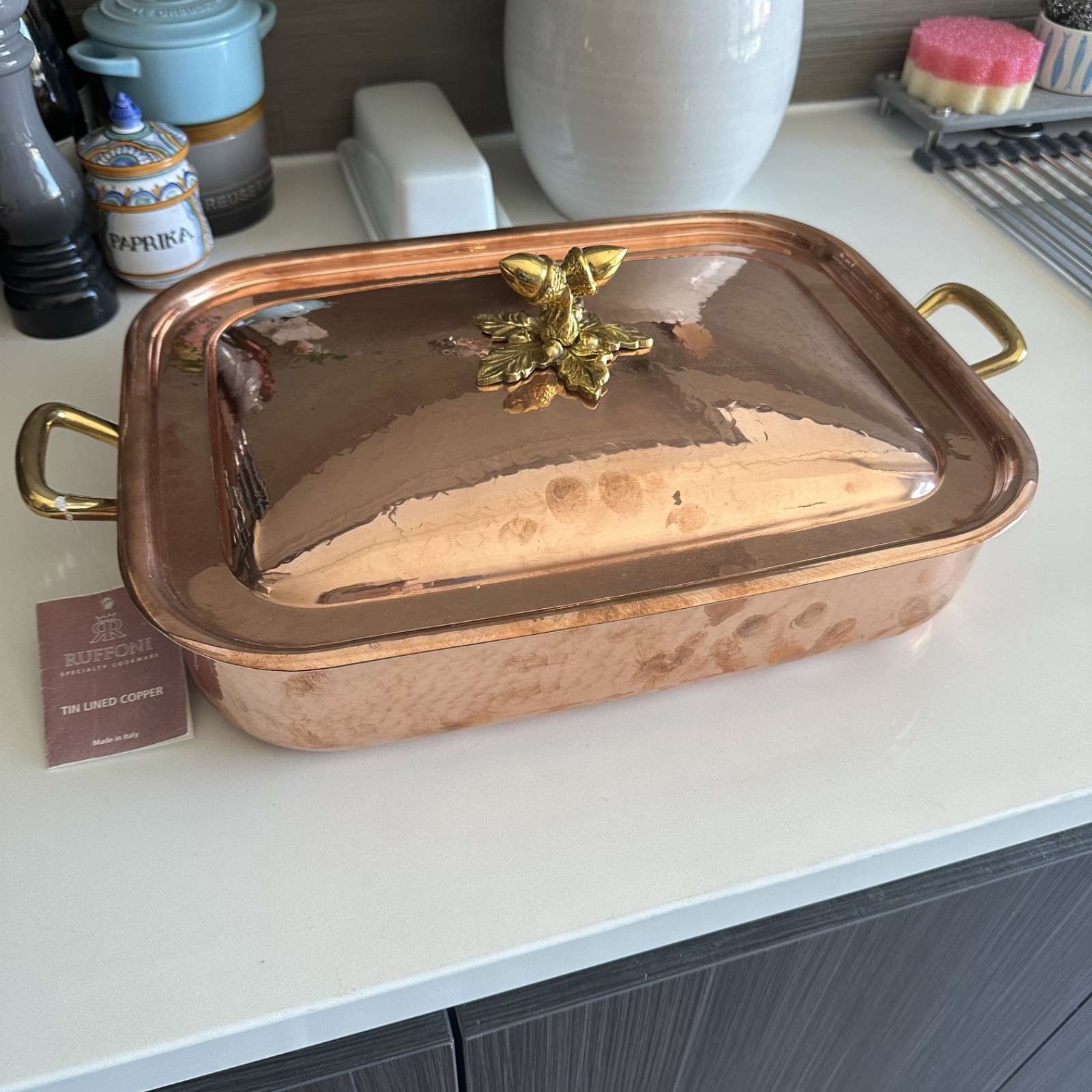 Ruffoni Historia Hammered Copper 5.5 Qt Rectangular Roasting Pan Acorn Knob