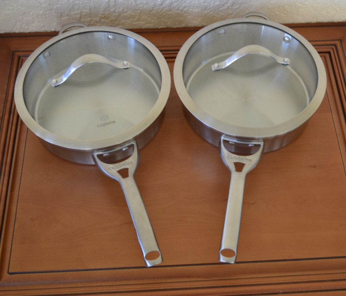 Calphalon Contemporary Stainless Steel 2 Sautepan pans with Lids and 10” Frypan