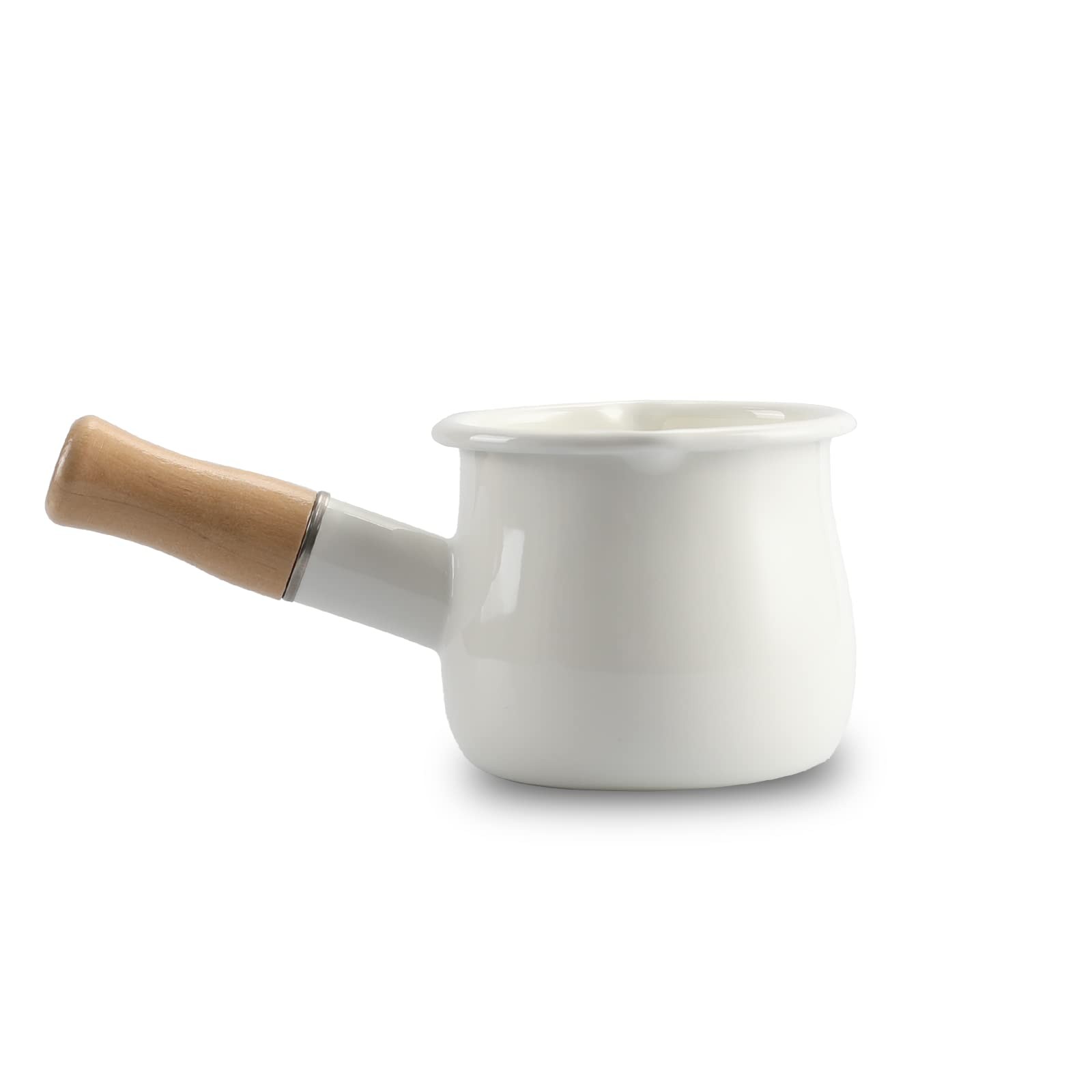 0.6qt Mini Enamel Milk Pot Insulated Wooden Handle 2 Pour Spouts Small Food W…