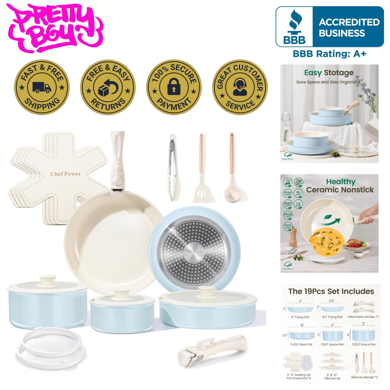 Chef Power 19-Piece Nonstick Ceramic Cookware Set – Detachable Handle Design