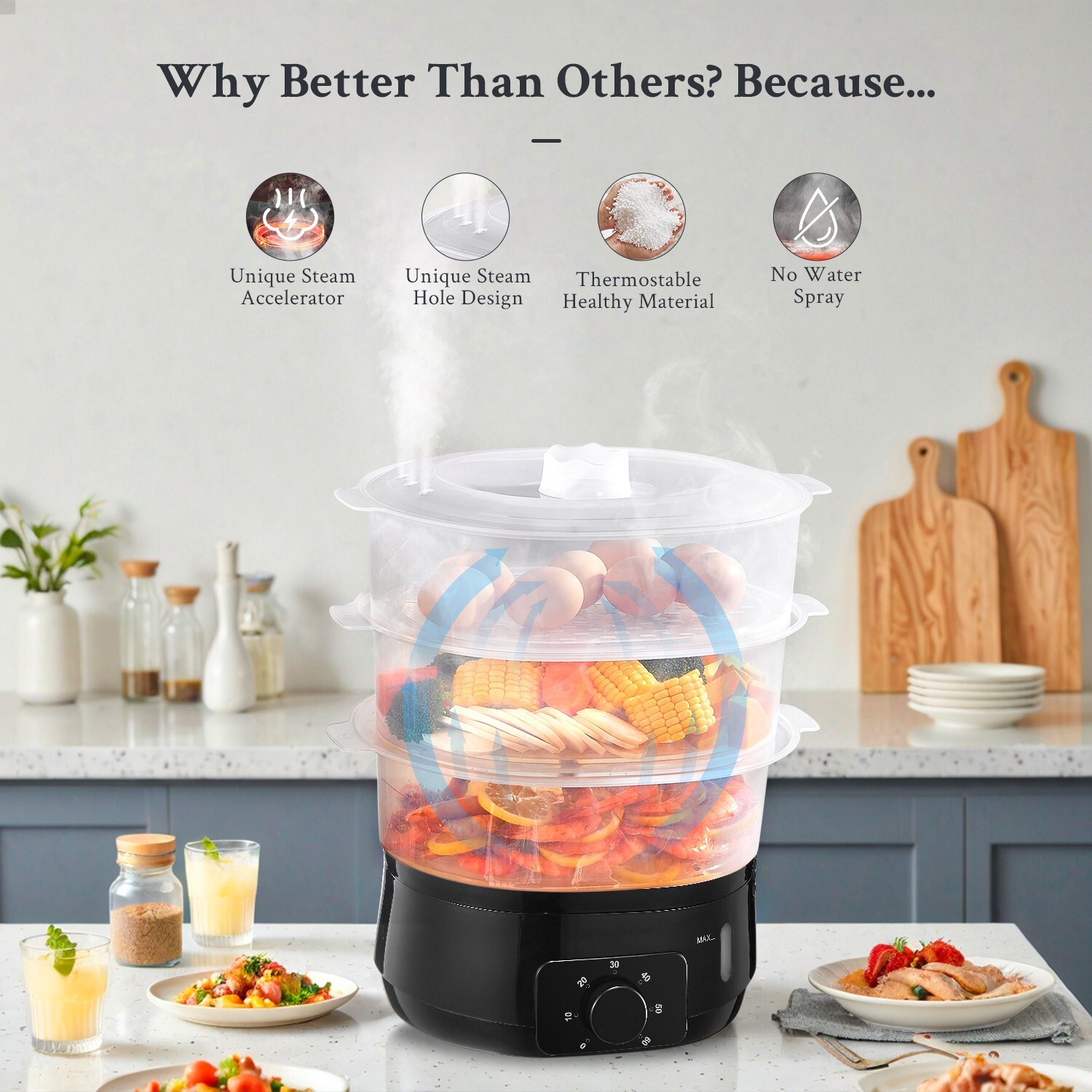 13.7QT Steamer, 3-Tier BPA-Free, 800W, 60-Min Timer, for Veggies & Rice